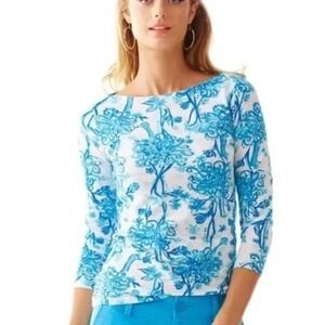 Lilly Pulitzer Back It Up Ostrich Print Small Blue 3/4 Sleeve Cotton Top